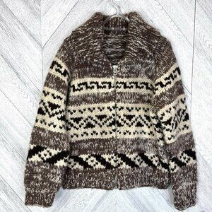 Vintage Handknit Cowichan Style Sweater Womens Medium Full Zip Thick Knit Jacket